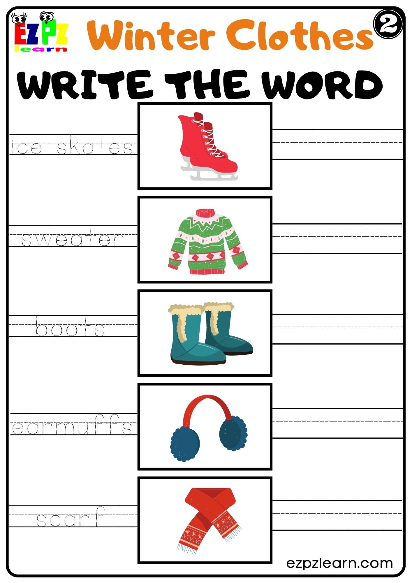 Winter Clothes Write the Word Worksheet K5 and ESL PDF Download Set 2